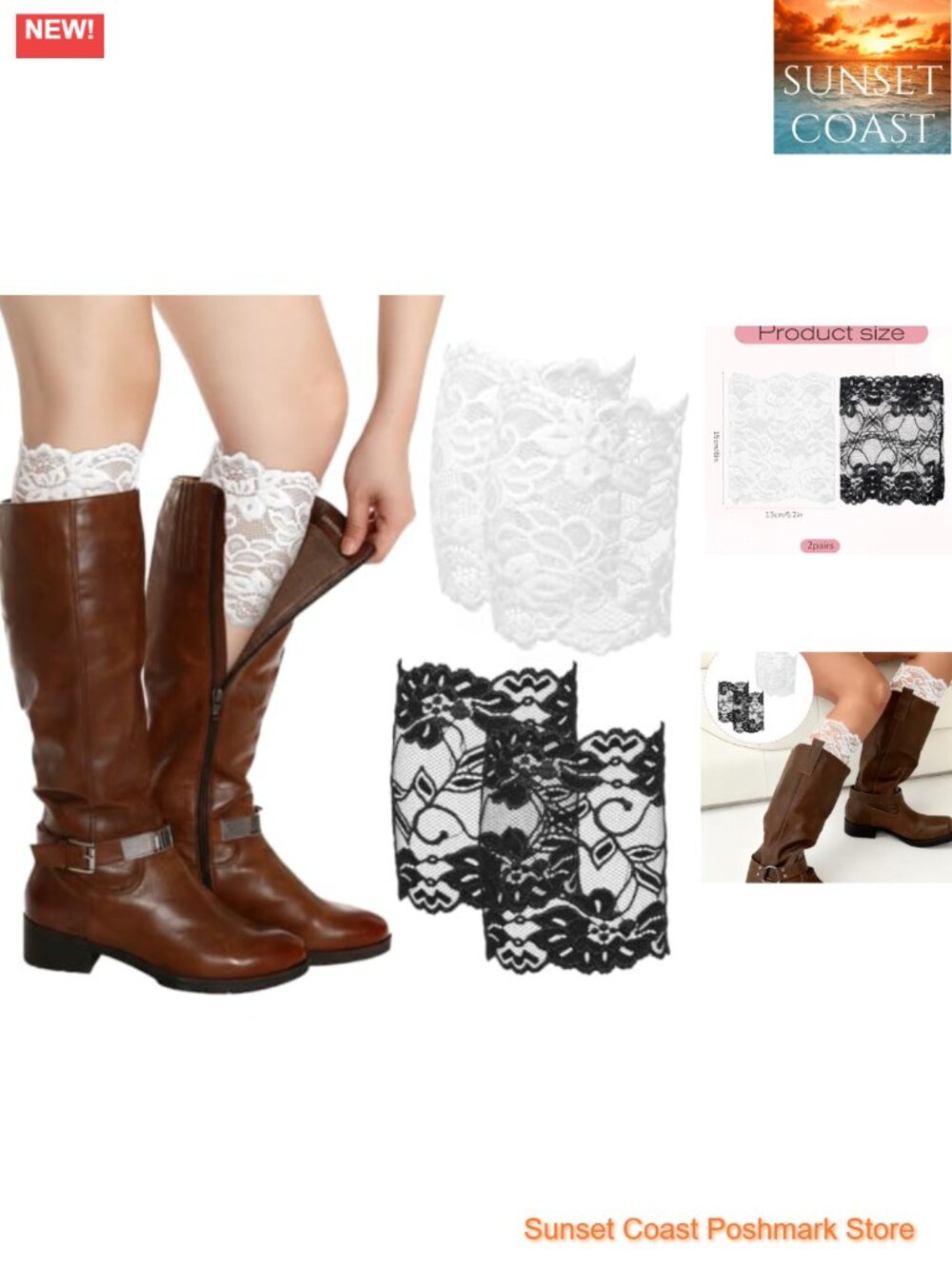 2 Pairs Elegant Lace Boot Cuffs Stretchy Leg Warmers Socks Topper Cuff